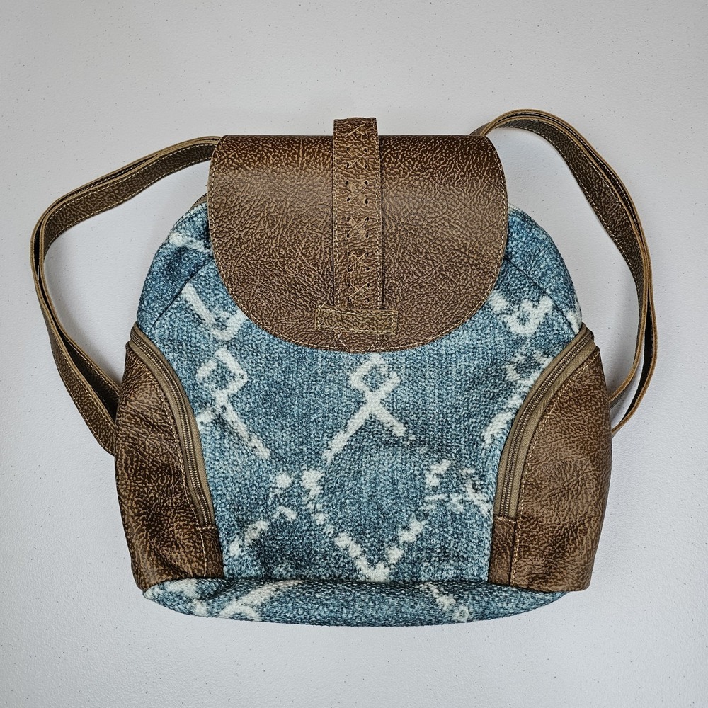 Myra Sand & Beach Backpack Purse Boho Beach Hand Tooled Leather Blue White